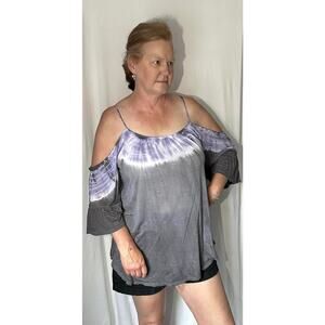 CHATOYANT Gray Dyed Cold Shoulder Sheer Blouse Top Womens L